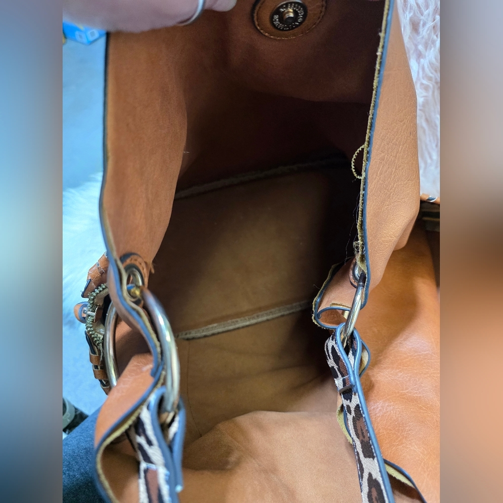 Leopard Accent Tan Leather Tote - Picture 8 of 8
